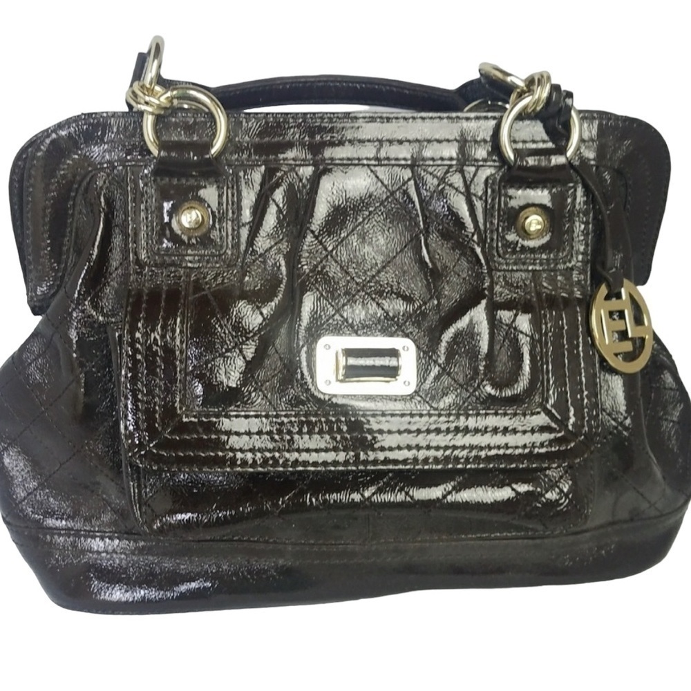 Elliott Lucca brown quilted patent leather satchel
